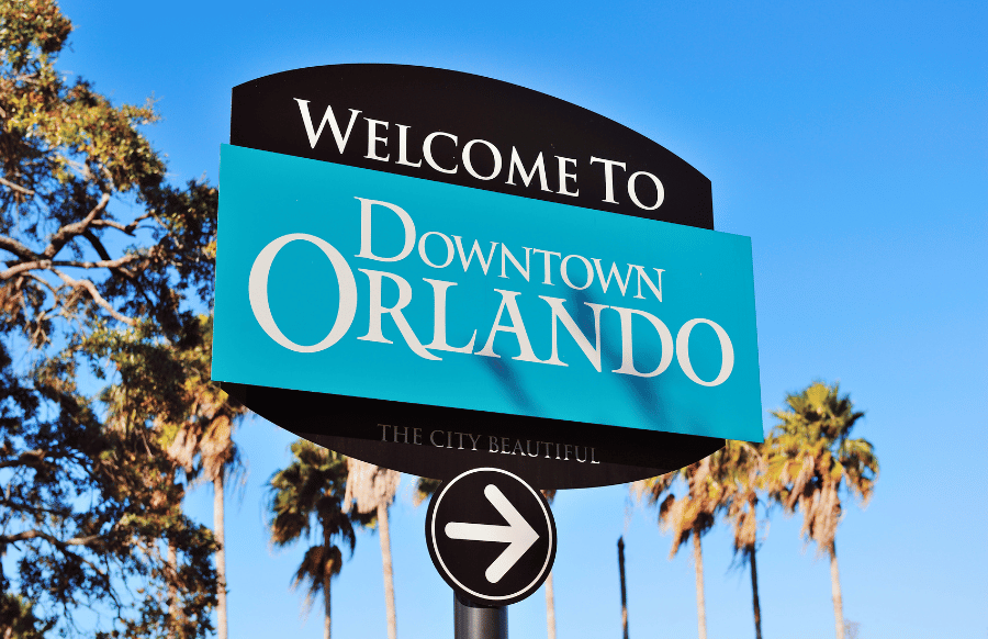 Orlando Downtown Welcome Sign with tropical scene