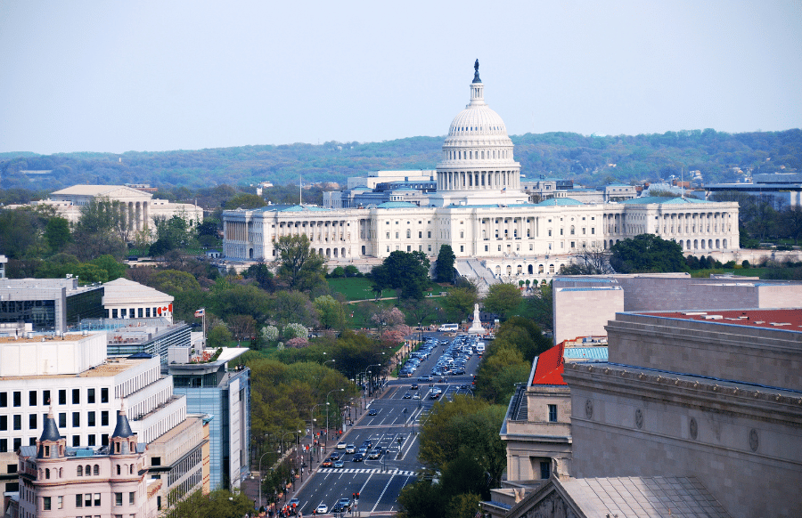 Washington DC aerial view with capitol hill building an street 