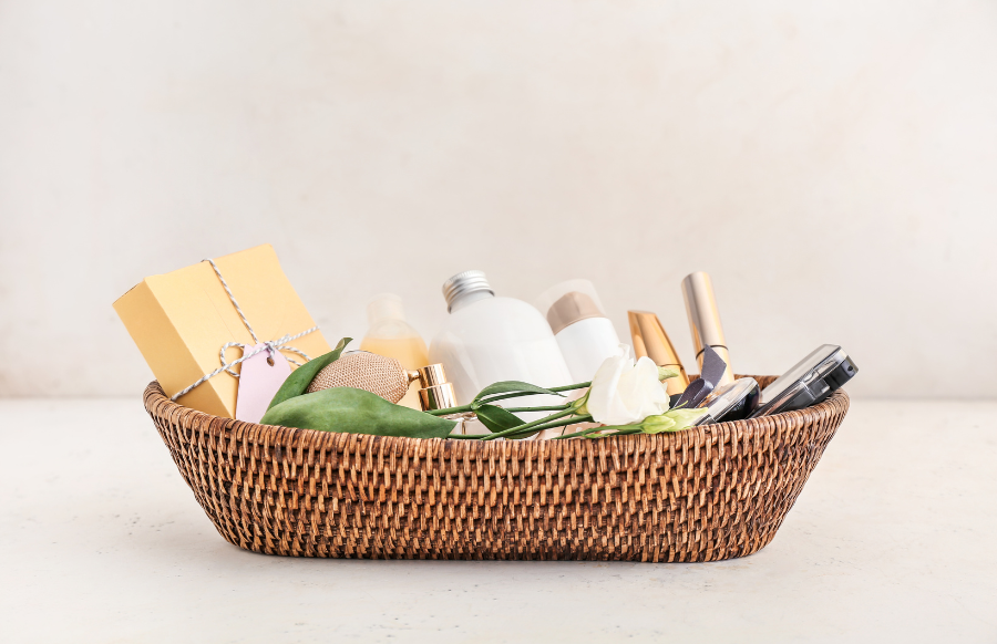 basket with skin care products