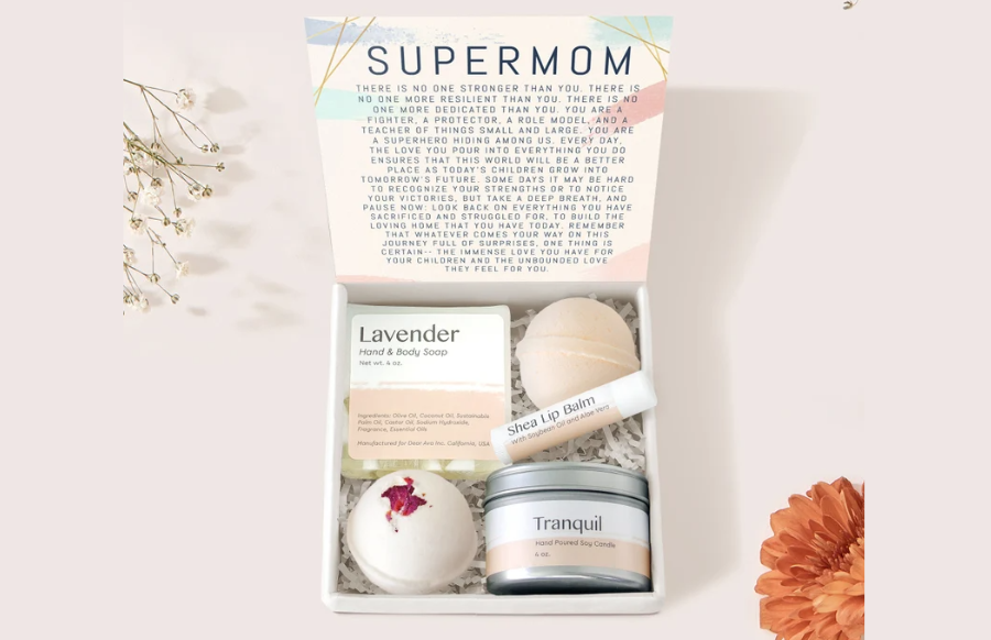 Single mom gift box with lip balm, hand and body candle, bath bombs