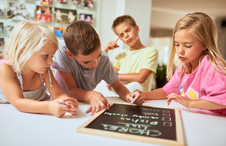 shot of kids writing a list of chores on a chalkboard at home