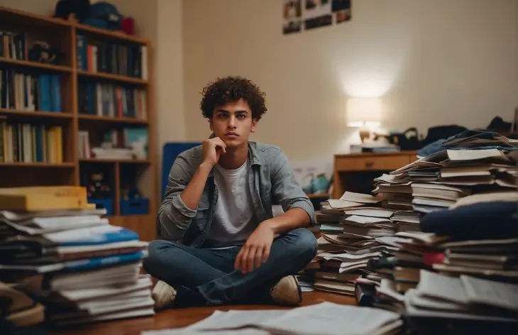 teenager surrounded by books