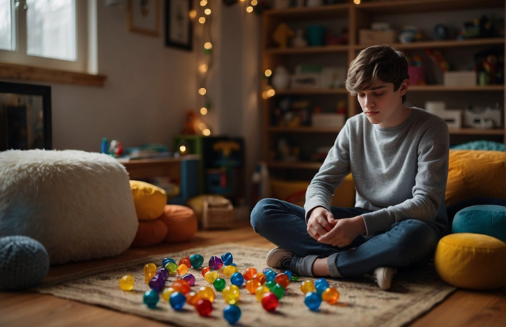 A boy staring at the scattered toys