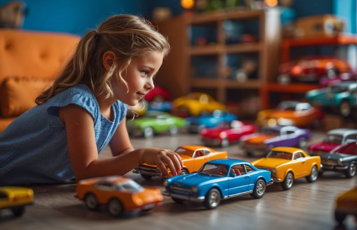 a girl in blue blouse with car toys