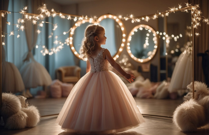 a girl in pink gown and lights