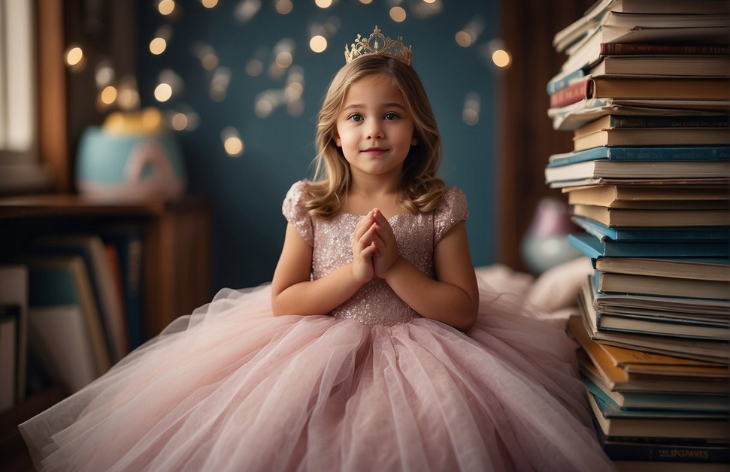 a girl with a crown and pink gown
