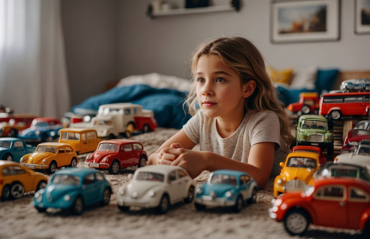 a girl with volkswagon car toys