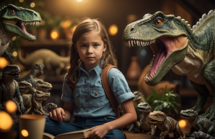 a kid with a book and dinosaurs