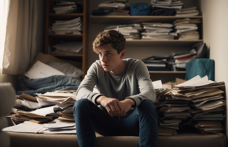 boy sitting with files