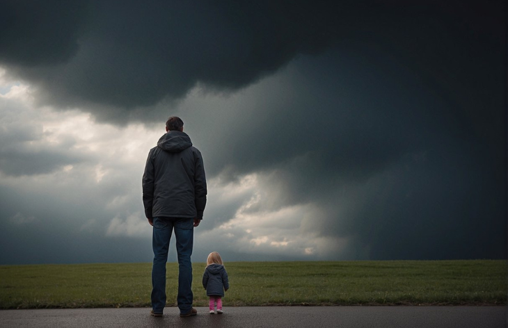 dad and kid in cloudy skies