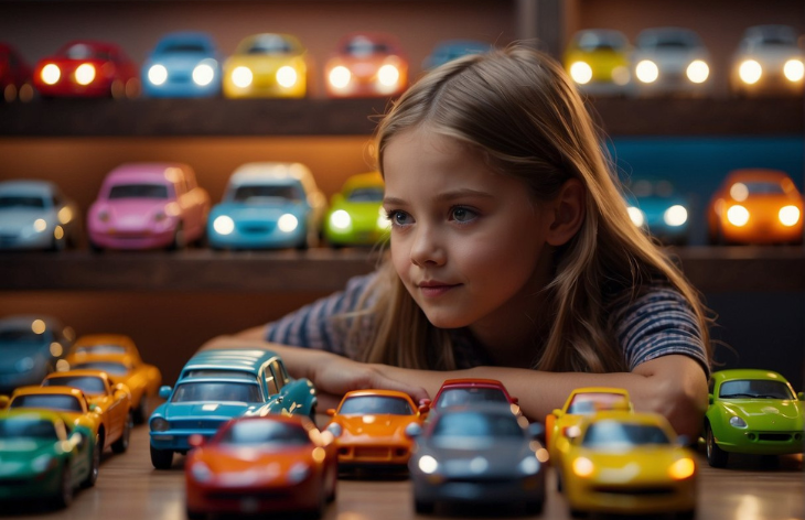girl in stripes with toy cars