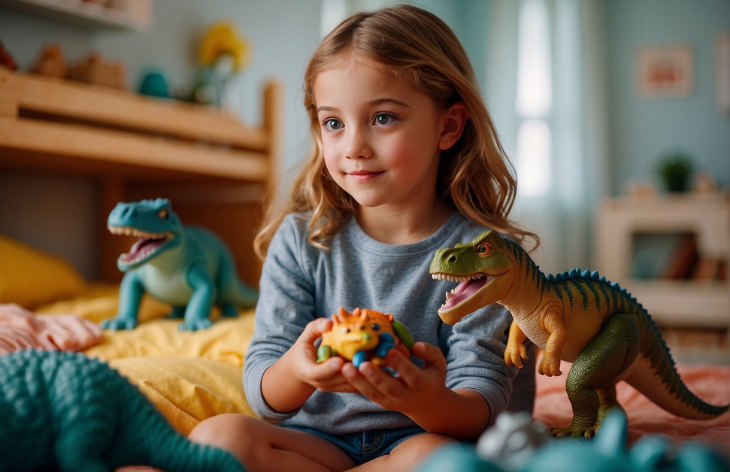 girl playing with dinosaurs