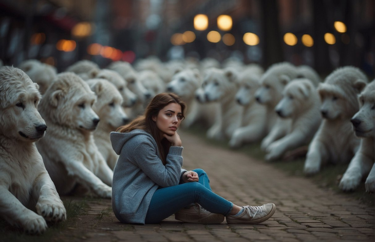 girl sitting down with dog statues