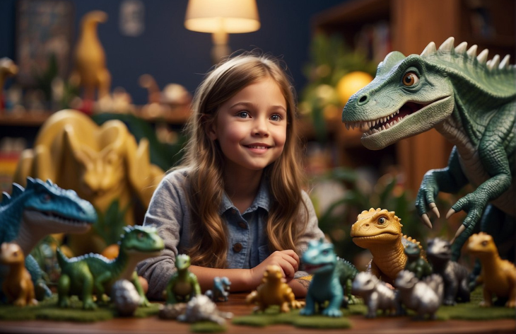 girl smiling while playing dinosaurs
