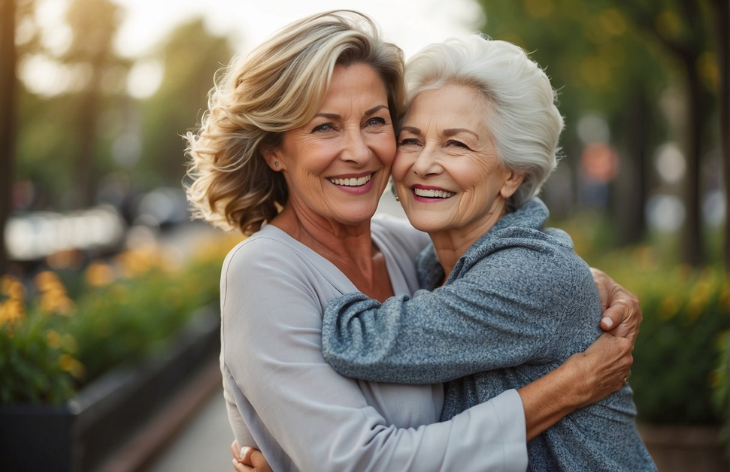 two ladies hugging and smiling