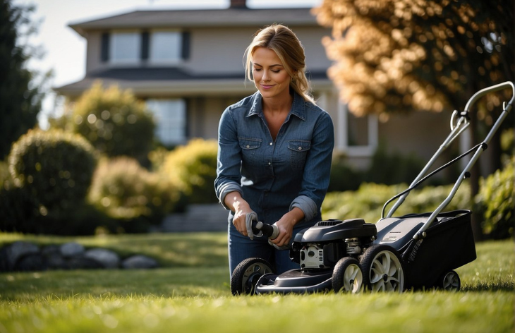 a lady with lawnmower
