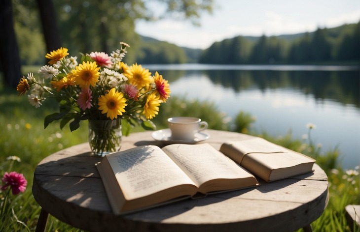 a table with books at the lake side