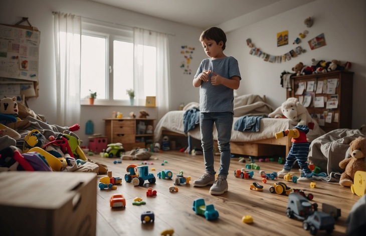 boy standing with scattered toys