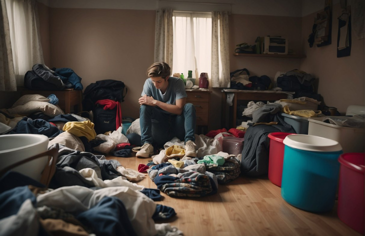 room with scattered clothes