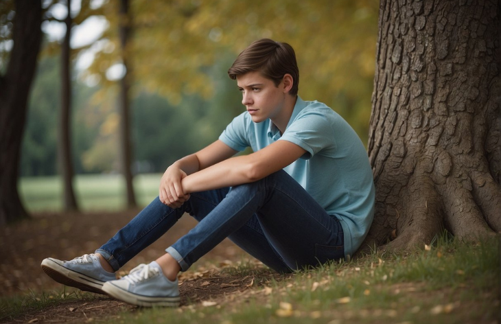 teen sitting down under the tree