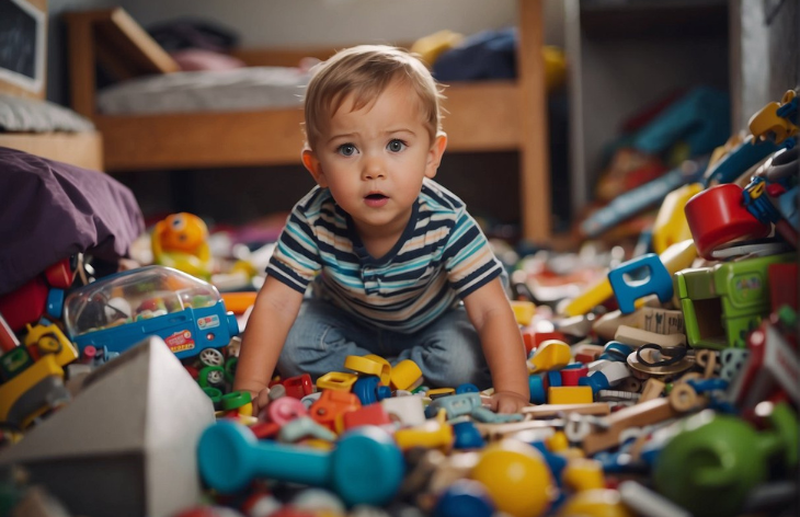 toddler with scattered toys